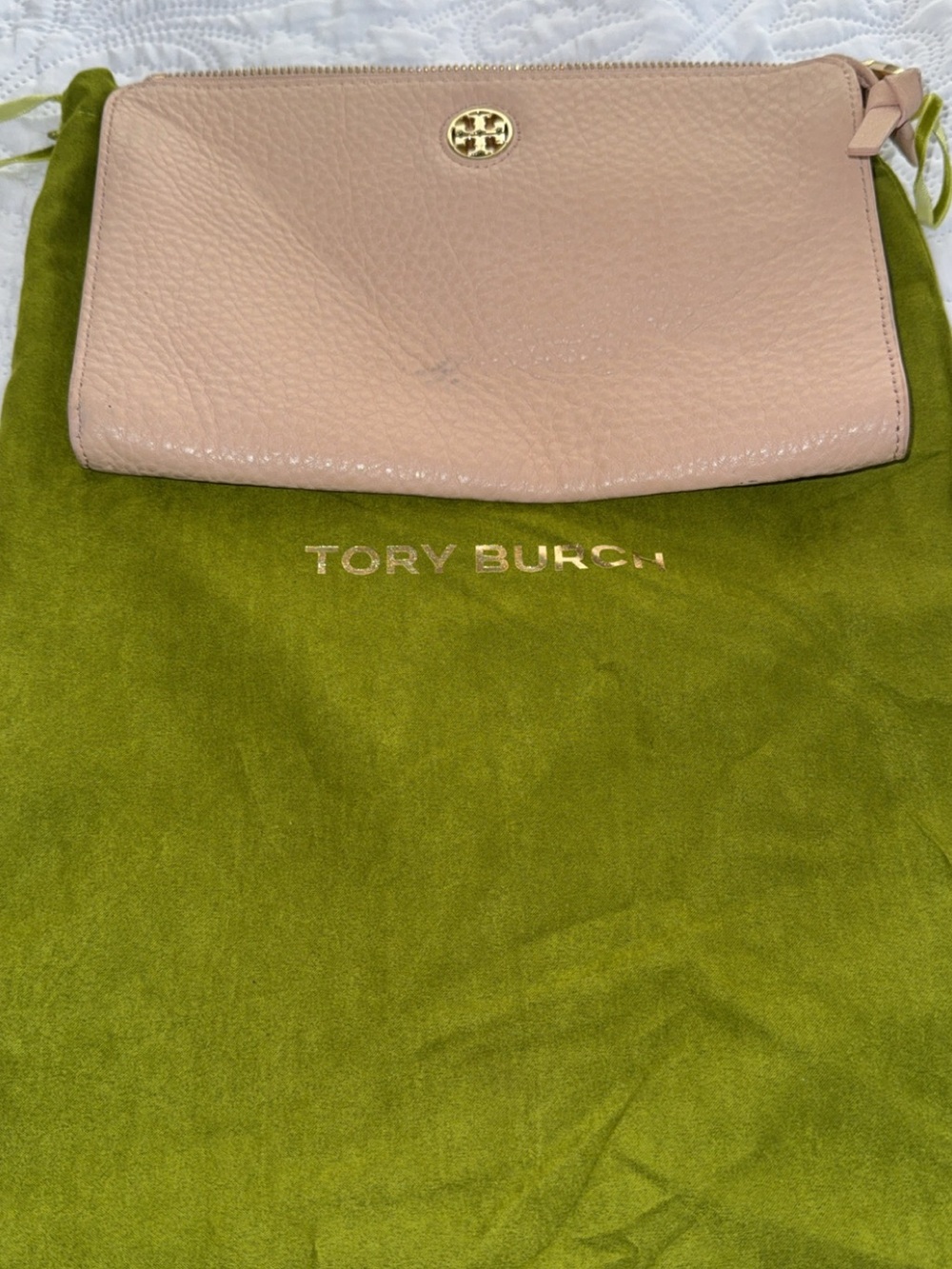 Tory Burch Blush Pink Pebbled Leather Wristlet with Gold Logo